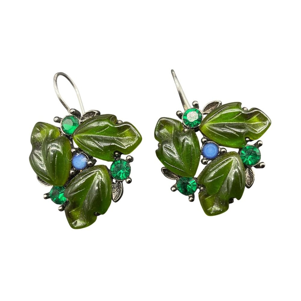 Marvella Leaf Dangle Earrings With Green & Blue Rhinestones 1" L Womens